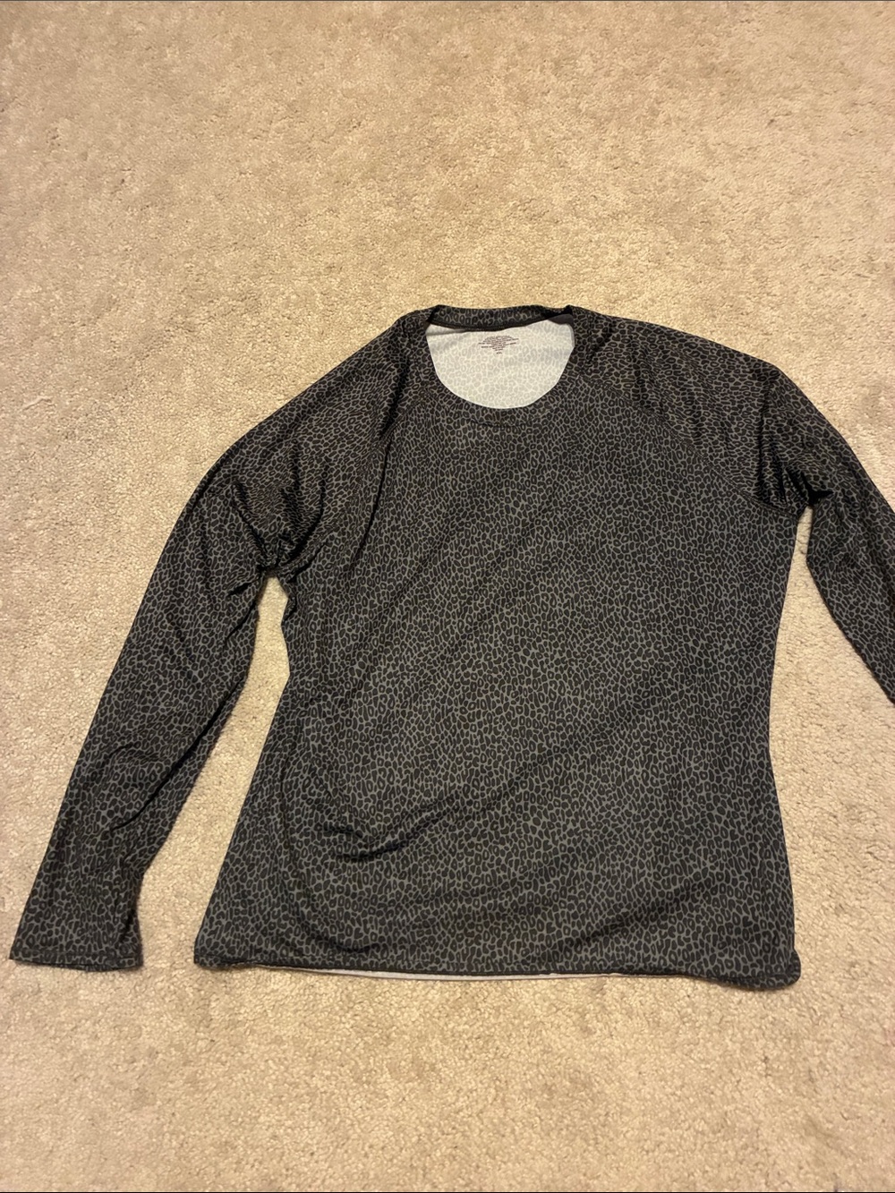 Charcoal Animal Print. Long Sleeve Crewneck shirt. Very Soft. Stretchy